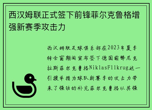 西汉姆联正式签下前锋菲尔克鲁格增强新赛季攻击力